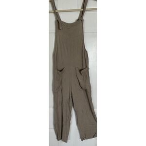 Hi Res Women XS Taupe Rayon Gauze Tie Strap Overalls Wide Leg Jumpsuit Pockets